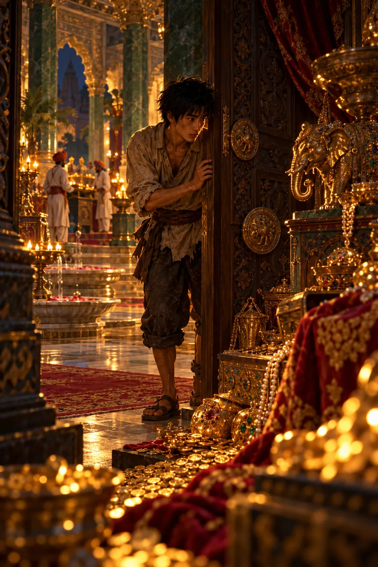 O aprendiz espia uma sala repleta de ouro no palácio do marajá