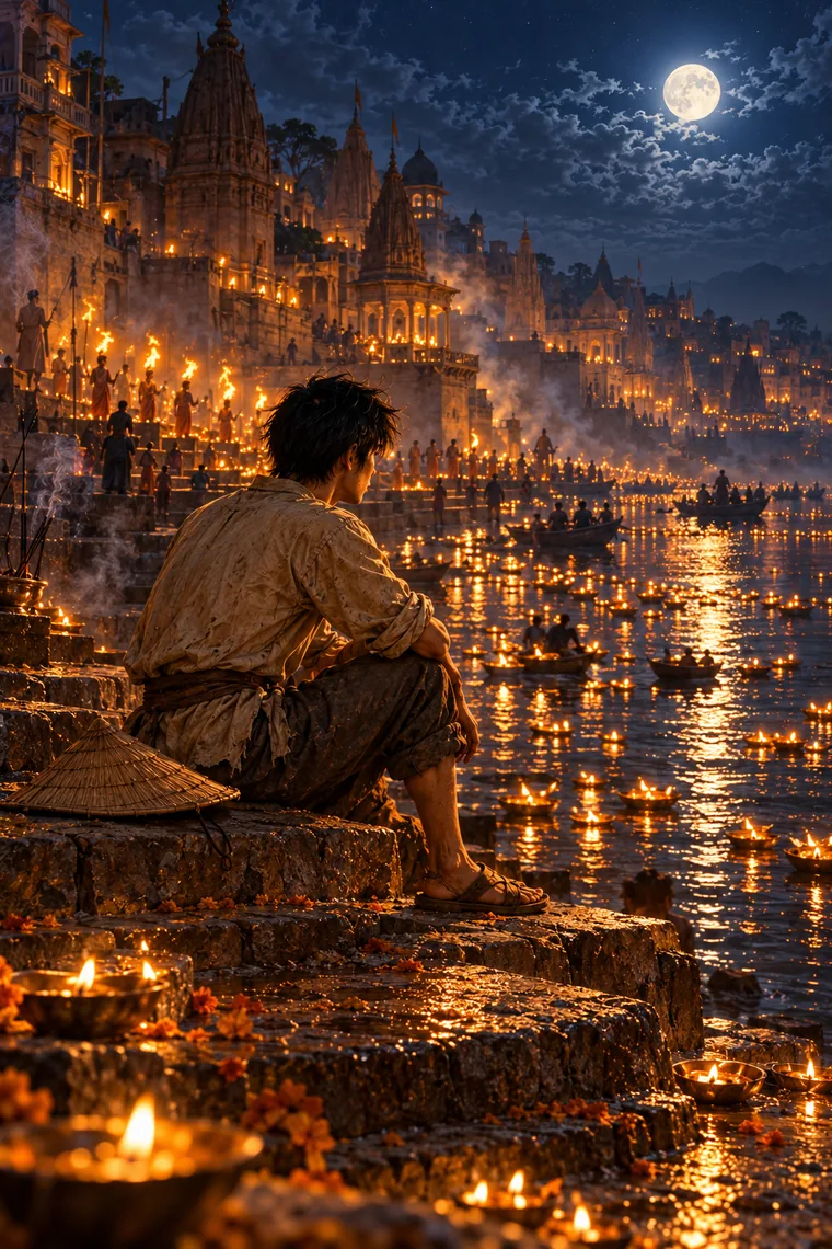 O aprendiz sentado à beira do rio Ganges, em Varanasi, entre lamparinas